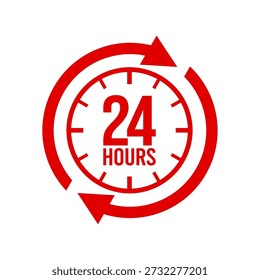 Logotipo del icono de 24 horas. Icono de 24 horas. Ilustración vectorial. 24 horas etiqueta, logotipo, insignia, Anuncio, etiqueta engomada, sello, signo, símbolo, círculo, flecha, rojo, línea, Vector plano, ilustración aislada.