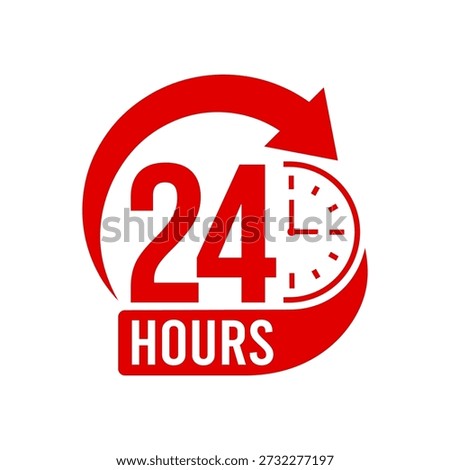 24 hours icon logo. Twenty four hours icon. Vector Illustration. 24 hours label, logo, badge, banner, sticker, stamp, sign, symbol, circle, arrow, red, line, flat vector, isolated illustration.