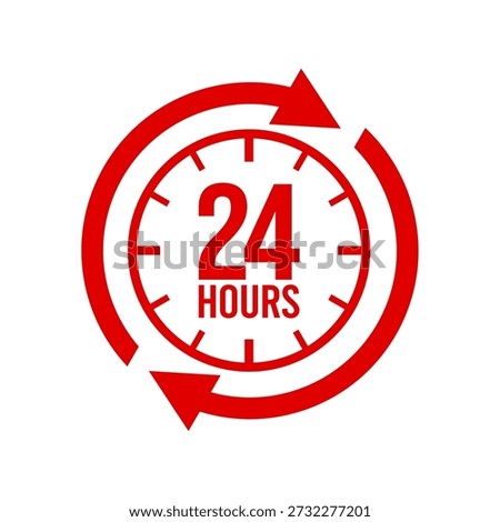 24 hours icon logo. Twenty four hours icon. Vector Illustration. 24 hours label, logo, badge, banner, sticker, stamp, sign, symbol, circle, arrow, red, line, flat vector, isolated illustration.