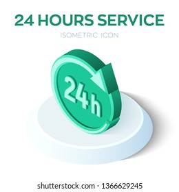 24 hours icon. 24 hours service 3d isometric sign. Time symbol. Created For Mobile, Web, Decor, Print Products, Application. Perfect for web design, banner and presentation. Vector Illustration.