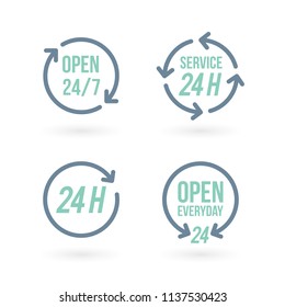 "24 hours" icon set. Concept of 24/7, open 24 hours, customer service, open around the clock, call center, open everyday.  Vector illustration, flat design