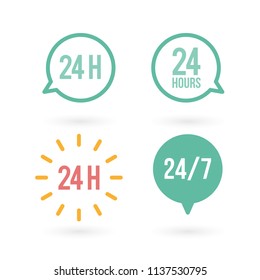 "24 hours" icon set. Concept of 24/7, open 24 hours, customer service, open around the clock, call center, open everyday.  Vector illustration, flat design