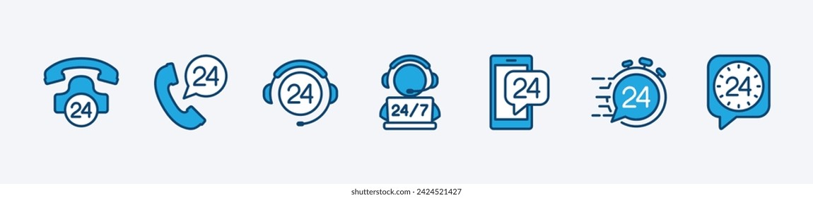 24 hours icon set. Customer service and support 24 hours a week icons. Containing assistance, help, operator, fast response, call center and technical support. Vector illustration