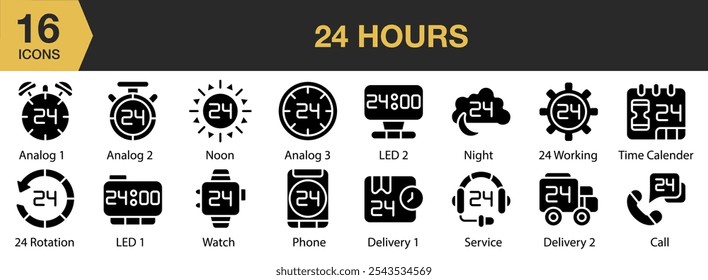 ícone 24 Horas definido. Inclui rotação, trabalho, analógico, chamada, entrega, led e muito mais. Coleção vetorial de ícones sólidos.