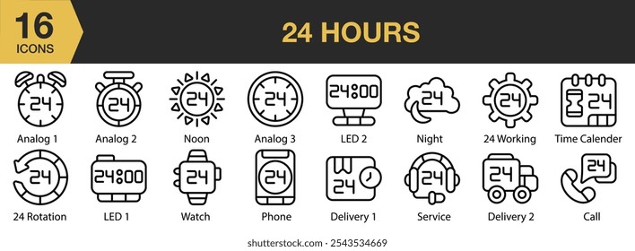 ícone 24 Horas definido. Inclui rotação, trabalho, analógico, chamada, entrega, led e muito mais. Contornar coleção de vetores de ícones.