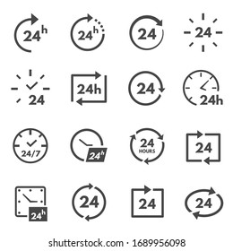 24 hours icon set, twenty-four hours a day working decor. All day and night information and store. Vector line art illustration on white background