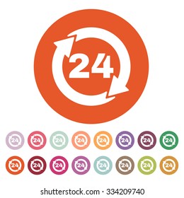 The 24 hours icon. Twenty-four hours open symbol. Flat Vector illustration. Button Set