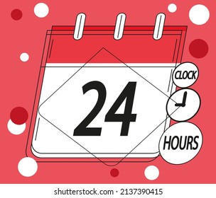 24 Hours Icon. Vector With Clock Symbol In Red