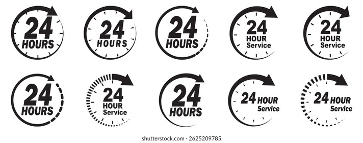 24 hours icon vector set. 24h open all day service concept. 24 hours service vector symbol. 24 hours support a variety of symbols, icons, badges, labels, and stickers for Customer Service. 