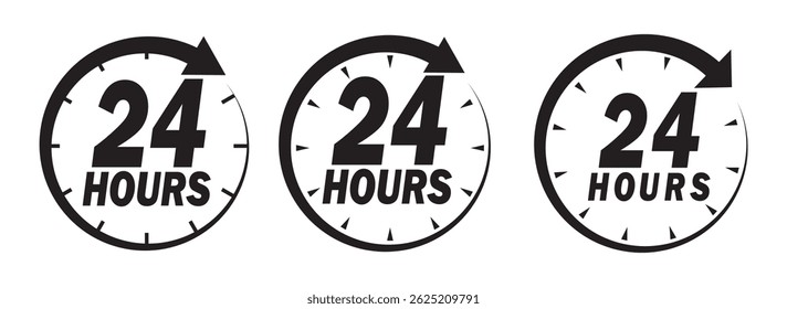 24 hours icon vector set. 24h open all day service concept. 24 hours service vector symbol. 24 hours support a variety of symbols, icons, badges, labels, and stickers for Customer Service. 