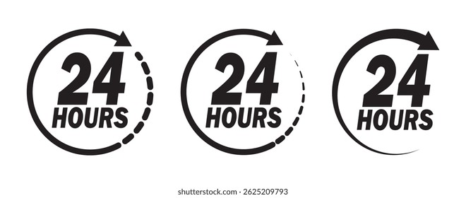 24 hours icon vector set. 24h open all day service concept. 24 hours service vector symbol. 24 hours support a variety of symbols, icons, badges, labels, and stickers for Customer Service. 