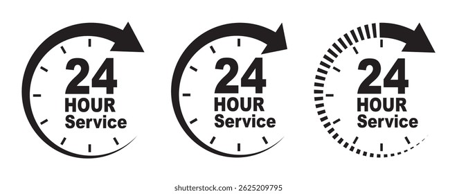 24 hours icon vector set. 24h open all day service concept. 24 hours service vector symbol. 24 hours support a variety of symbols, icons, badges, labels, and stickers for Customer Service. 