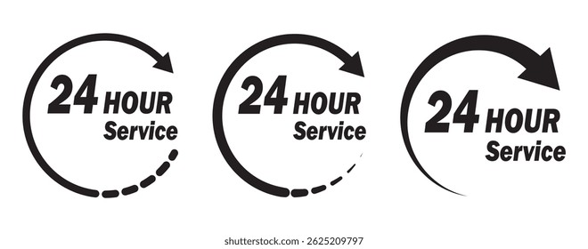 24 hours icon vector set. 24h open all day service concept. 24 hours service vector symbol. 24 hours support a variety of symbols, icons, badges, labels, and stickers for Customer Service. 