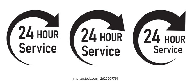 24 hours icon vector set. 24h open all day service concept. 24 hours service vector symbol. 24 hours support a variety of symbols, icons, badges, labels, and stickers for Customer Service. 