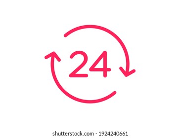 24 hours icon. 24 hours vector sign. 24 7 service. 24-7 open, concept with arrow icon. Support service 24 hours a day and 7 days a week. Vector Illustration. stock illustration