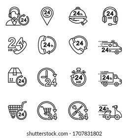 24 hours icons collection set with white background. Thin Line Style stock vector.