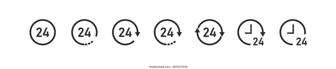 24 hours icons set. Vector time clock and arrow symbol, black icon