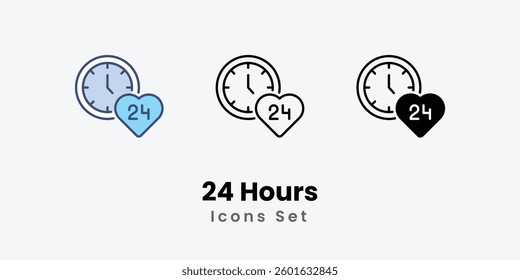24 Hours icons vector set stock illustration.