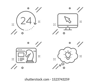 24 hours, Internet and Seo strategy line icons set. Energy sign. Time, Monitor with cursor, Chess knight. Lightbulb. Technology set. Line 24 hours outline icon. Vector