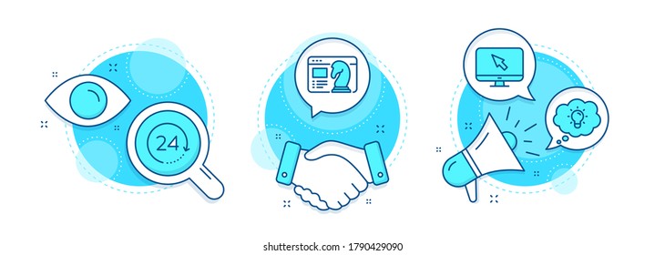 24 hours, Internet and Seo strategy line icons set. Handshake deal, research and promotion complex icons. Energy sign. Time, Monitor with cursor, Chess knight. Lightbulb. Technology set. Vector