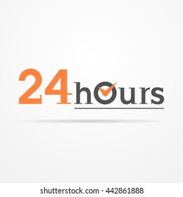 24 hours label in graphic style. Typical simplistic 24 hours label with stylized clock. Isolated 24 hours label with shadow. 24 hours label vector stock image.