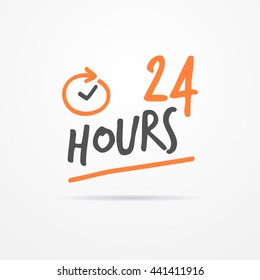 24 hours label in sketchy style. Typical simplistic 24 hours label with stylized clock. Isolated 24 hours label with shadow. 24 hours label vector stock image.