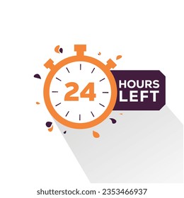 24 hours left  Countdown badge with vector number and timer stopwatch illustration. 24 hours left offer, promo sticker, business limited special promotion, best deal emblem or logo isolated 