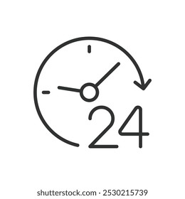 24 hours, in line design. 24 hours, around the clock, time management, open all day, continuous service, always available, non-stop on white background vector. 24 hours editable stroke icon