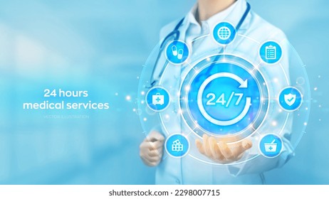 24 hours medical servises. 24-7 Medical call center. Emergency patient support. First aid. Doctor holding in hand 24x7 sign and medicine icons network connection on virtual screen. Vector illustration