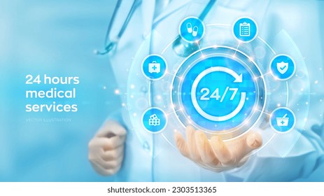 24 hours medical servises. 24-7 Medical call center. Emergency patient support. First aid. Doctor holding in hand 24x7 sign and medicine icons network connection on virtual screen. Vector illustration