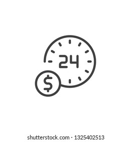 24 hours money line icon. linear style sign for mobile concept and web design. Dollar money and clock outline vector icon. Symbol, logo illustration. Pixel perfect vector graphics