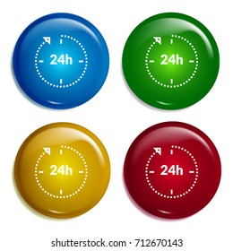 24 hours multi color gradient glossy badge icon set. Realistic shiny badge icon or logo mockup