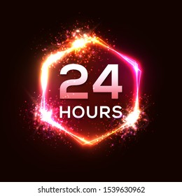 24 hours neon sign. Open light banner design template on dark red background. 3d colorful element hexagon shape glowing frame, night bright advertising shining signboard. 80s style vector illustration