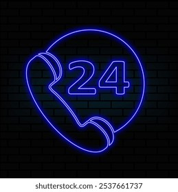 24 hours neon sign symbol on dark background.blue