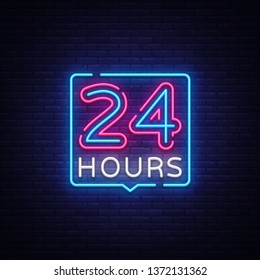 24 hours neon sign vector design template. 24 hours Open neon, light banner design element colorful modern design trend, night bright advertising, bright sign. Vector illustration