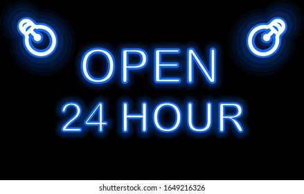 24 hours neon sign vector design template. 24 hours Open neon, light banner design element colorful modern design trend, night bright advertising, bright sign. Vector
