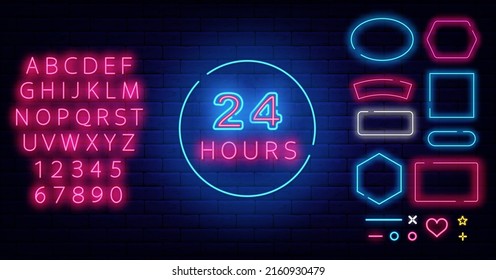 24 hours neon signboard. Always open shop. Frames collection. Shiny pink alphabet. Nightlife promotion template. Glowing effect banner. Editable stroke. Vector stock illustration