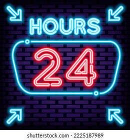 24 hours Neon signboards. On brick wall background. Light banner. Trendy design elements. Vector Illustration