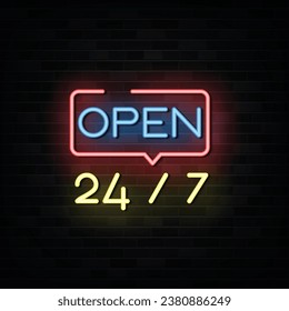 24 hours Neon signboards set Vector. Open all day neon signs  light banner  light art