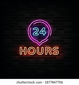 24 Hours Neon Signs Vector. Design Template Neon Style