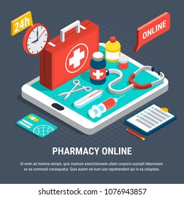 24 Hours Online Pharmacy Service Isometric Concept With First Aid Kit And Other Medical Equipment 3d Vector Illustration