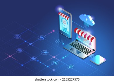 24 Hours Online Shopping On Smartphone And Computer With Cloud Computing And Wireless Technology In Futuristic Background. Mobile Marketing In Digital Online Store And E Commerce, 3D Isometric Vector.