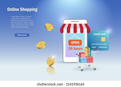 24 hours online shopping on smartphone with credit card payment. Digital marketing on online store and e payment technology.