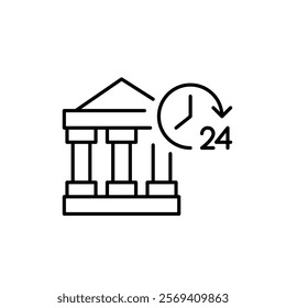 24 hours open bank. Round the clock financial assistance, online services. Pixel perfect vector icon