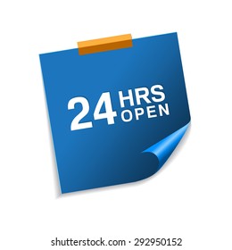 24 Hours Open Blue Sticky Notes Vector Icon Design
