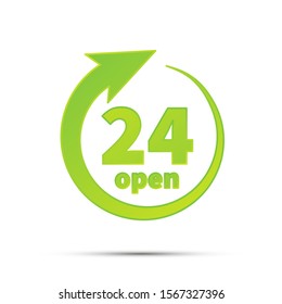 24 hours open, bright green simple icon isolated on white