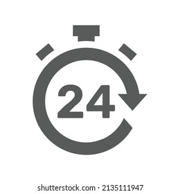 24 hours open clock black vector icon. Non stop cycle arrow filled symbol.