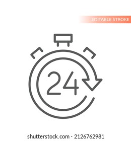 24 hours open clock line vector icon. Non stop cycle arrow outlined symbol.