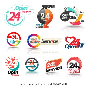 24 hours open customer service collection. Vector illustration.