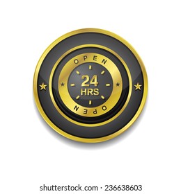 24 Hours Open Gold Vector Icon Button